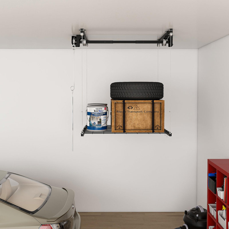 Support de rangement pour garage suspendu 4 pi x 4 pi pour plafonds hauts de 10 à 12 pi, fabrication entièrement en acier d'une capacité de 250 lb avec verrou de sécurité (installation requise, organisateur de garage robuste)