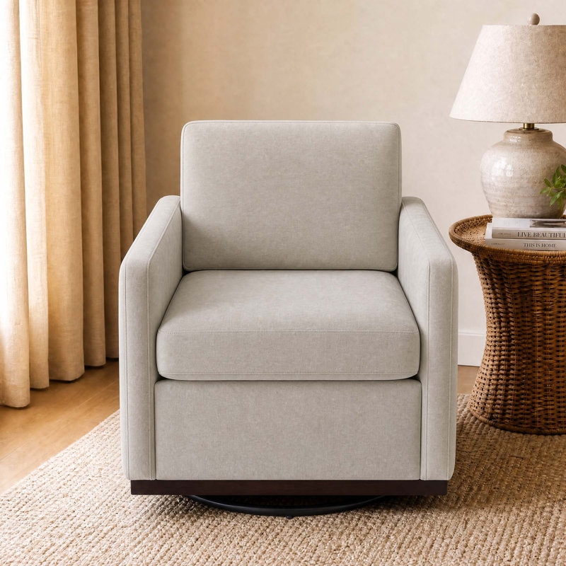 Modern Upholstered Sand Square Swivel Armchair with Matel Base, Sand Chenille