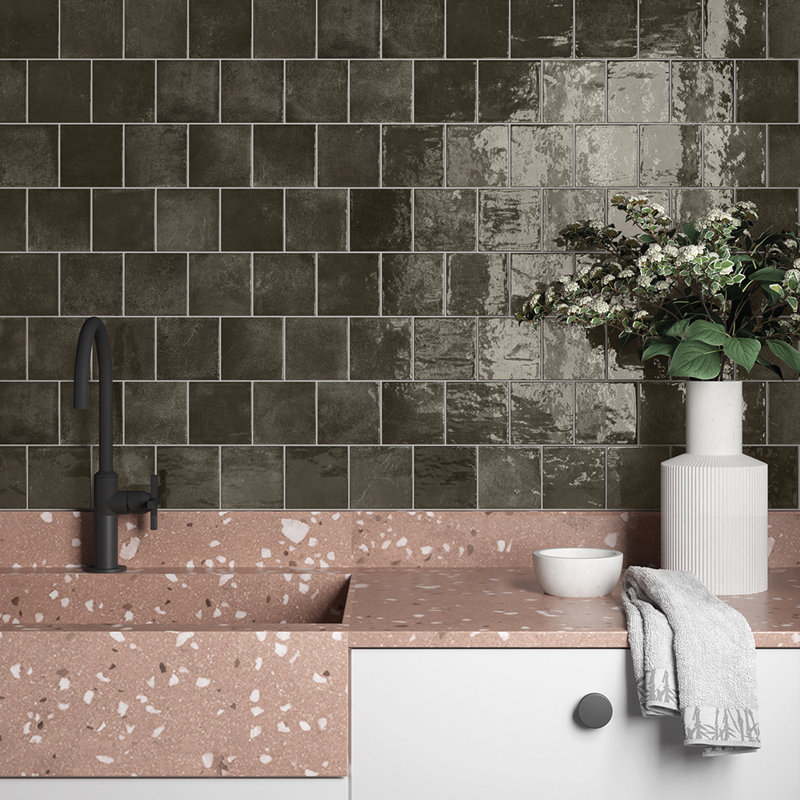 The Tile Life Vela 4" x 4" Glossy Porcelain Wall Tile, Suie