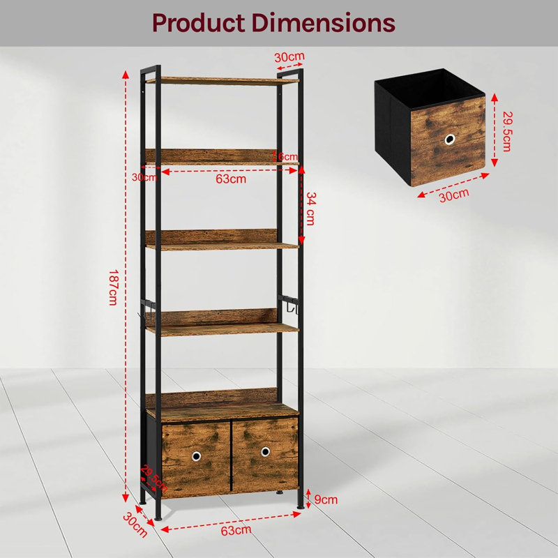 Bookcase, 5-Tier Bookshelf with 2 Drawers
