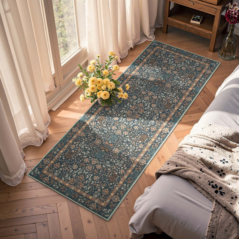 Floral Machine Washable Area Rug, Runner 2' x 6', Dark Blue/Orange