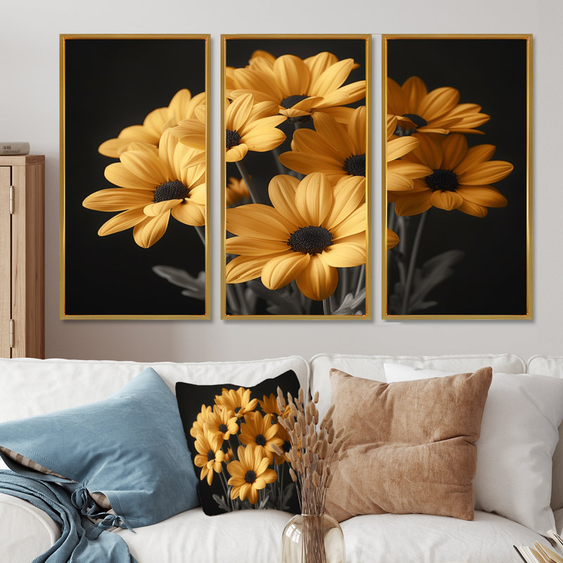 «Yellow Mums», art mural jaune, H 32 po x l 48 po x P 1 po, Toile avec cadre flottant or