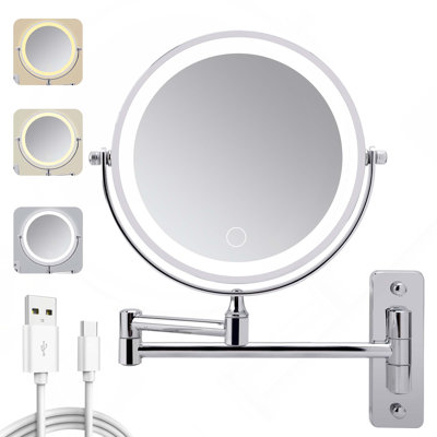 Miroir mural grossissant 1000x1000 rotatif à double face 1X / 10X avec lumière 3 couleurs, intensité variable et base rectangulaire 1000Mah