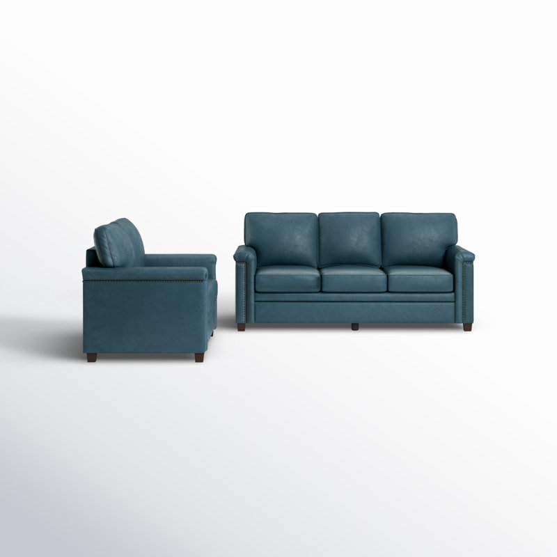 Ansela 77.2" W 2-Piece Genuine Leather Sofa and Loveseat Set, Turquoise Faux Leather
