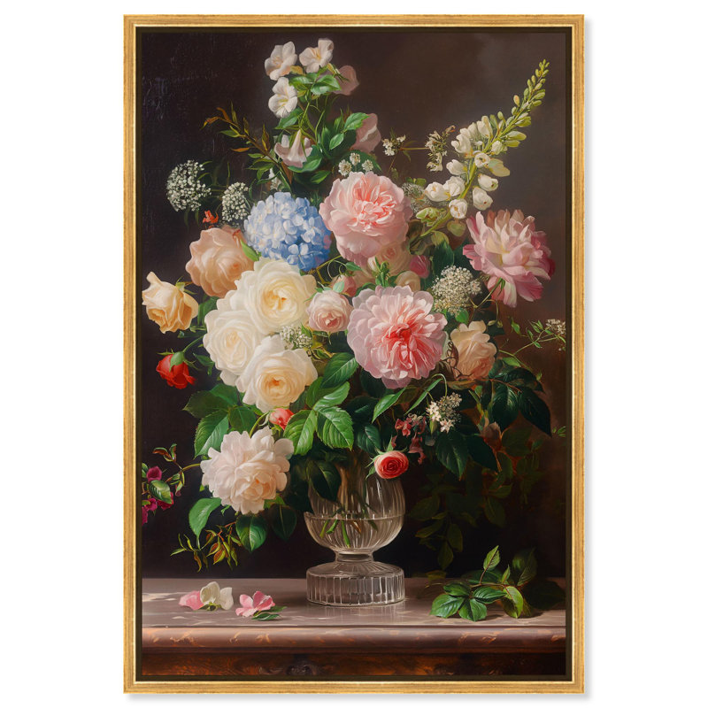 Art, art floral, nature morte, toile, fleurs de nostalgie, H 16 po x l 11 po, Cadre flottant doré