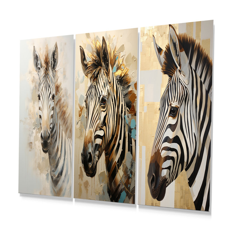 Ensemble de 3 décorations murales en métal zébré beige et doré, H 32 po x l 48 po