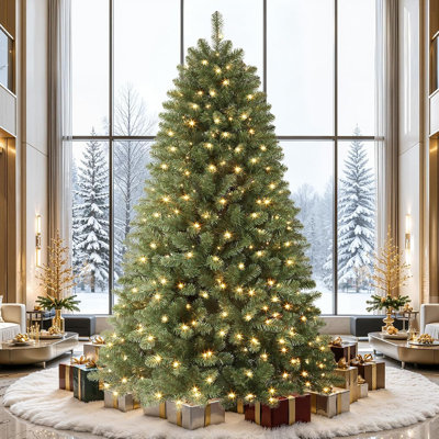 Sapin de Noël artificiel en épicéa de 2,4 m (8 pieds) pré-illuminé, avec 1392 extrémités de branches, 450 lumières blanc chaud, branches articulées et support en métal