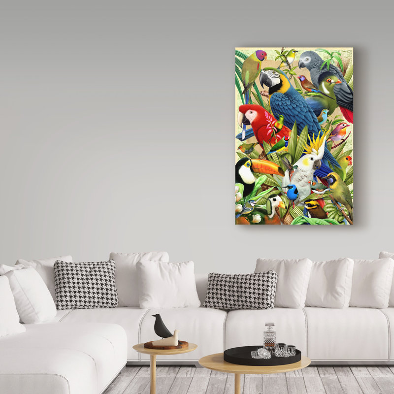Vibrant Tropical Birds Acrylic Painting on Canvas with Wood Frame