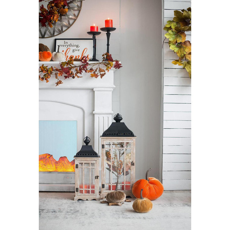 Wood Lanterns with Tin Roof - Set of 2