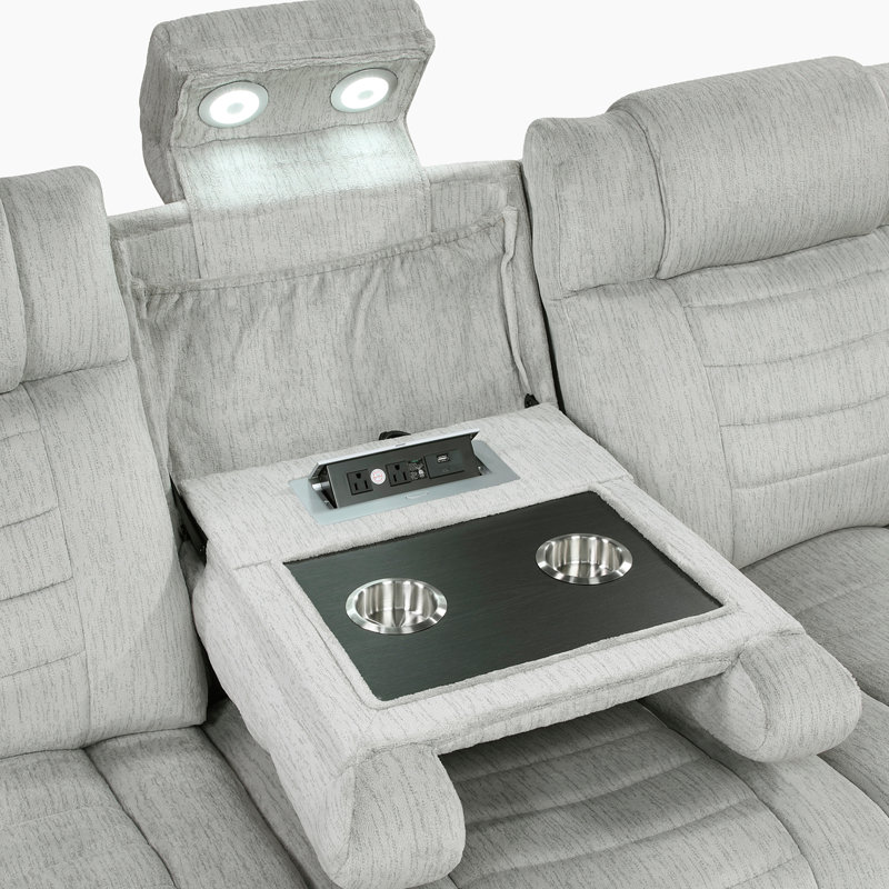 Denning 84" Modern & Contemporary Microfiber Manual Reclining Sofa with Drop-Down Table, Hidden Armrest Storage, Charging Ports and LED.