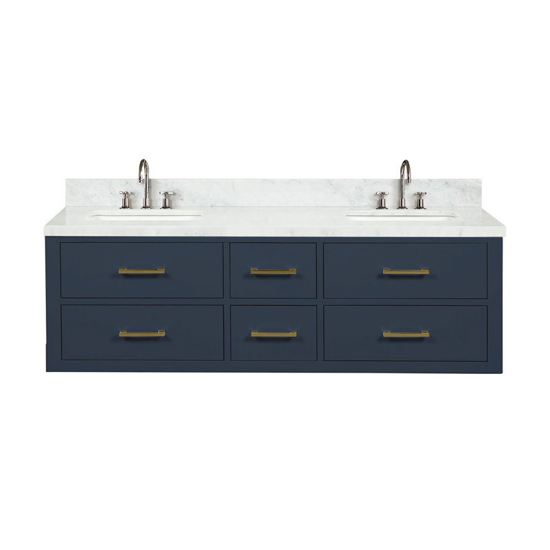 Ensemble de meuble-lavabo double 60 po, Bleu, Marbre de Carrare blanc