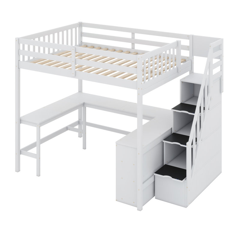 Lit mezzanine avec bureau intégré en forme de L et tablettes de rangement à trois niveaux, et escalier de rangement attaché