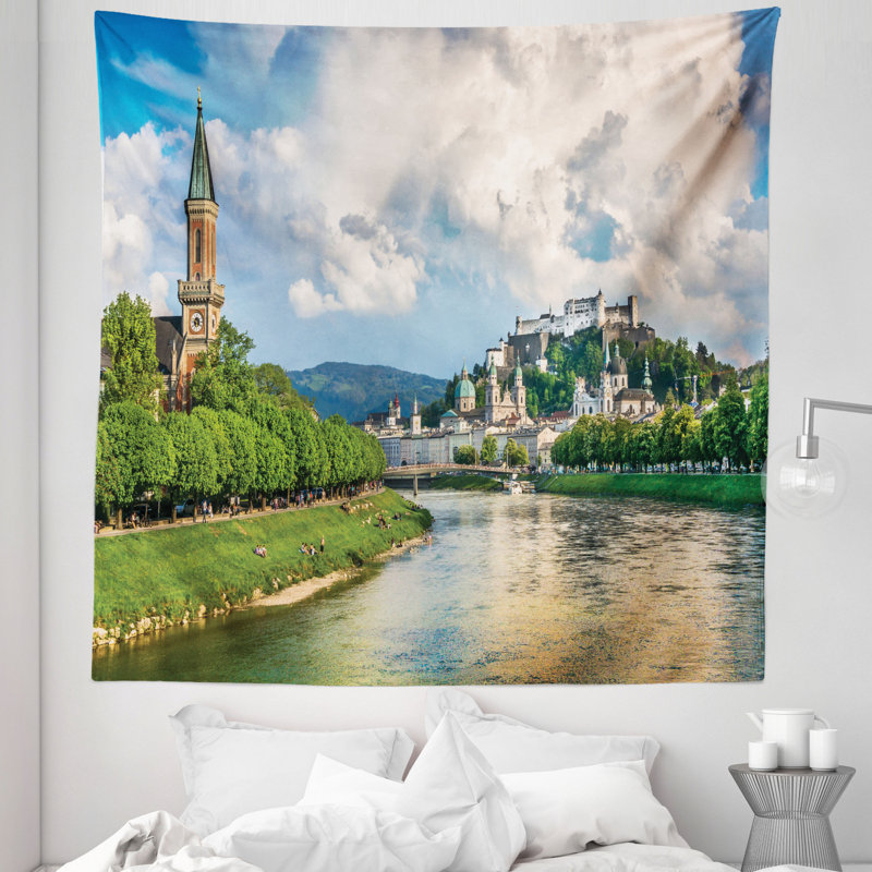 Historic Print European of Salzburg Land with Cloudy Sky and River in Austria Tapestry, 223.52cm H x 223.52cm W