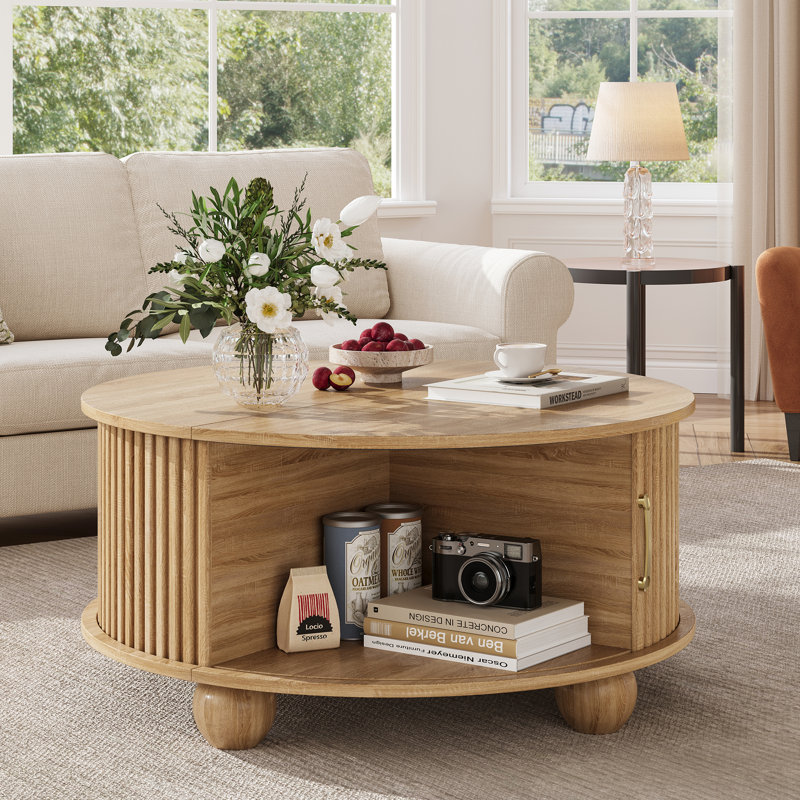 31.5" Modern Round Coffee Table With Storage, Natural