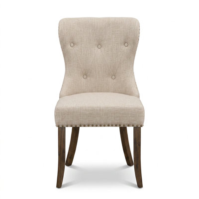 Table ronde en hévéa au fini noyer antique, chaises Parson en lin beige clair, ensemble de salle à manger 3 pièces, piètement central, dossier capitonné
