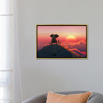 Reproduction d’art, "Elephant and Dog sit on a Mountain Top at Sunset" par Mike Kiev