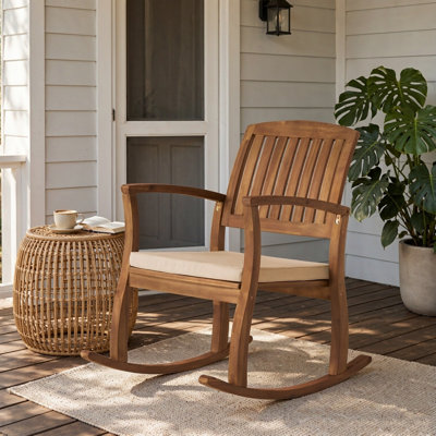 Chaise berçante d'extérieur en bois d'acacia avec coussins de jardin, pelouse, cour et piscine