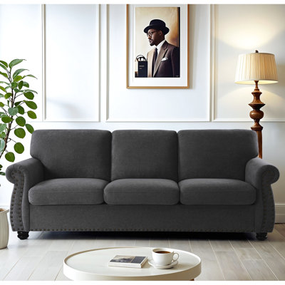 Canapé 3 places en velours noir avec mousse haute, coussins de dossier lâches, pieds en bois massif, style Mid-Century moderne pour la maison: coussins en mousse, bureau et appartement