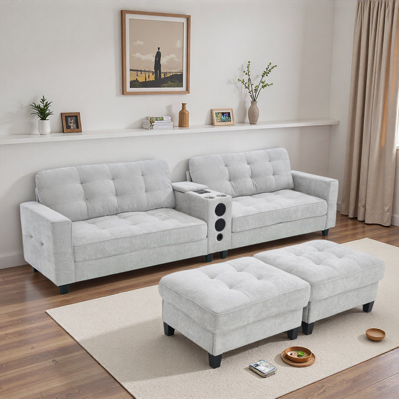 Canapé modulaire moderne en forme de U avec repose-pieds de rangement mobile, console multifonctionnelle, haut-parleurs Bluetooth et lumières à DEL