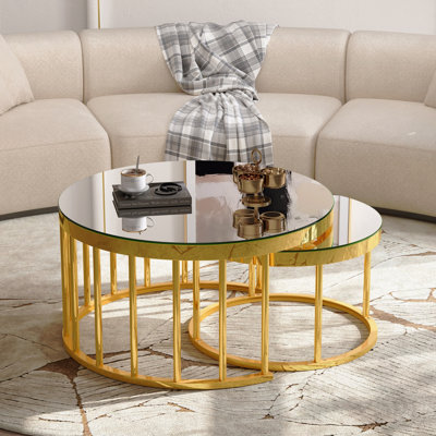 Round Nesting Coffee Table Set Of 2, Modern Gold Metal Frame Circular Cocktail Table, Mirrored Finish Top Accent Nesting Tables For Living Room, Apart