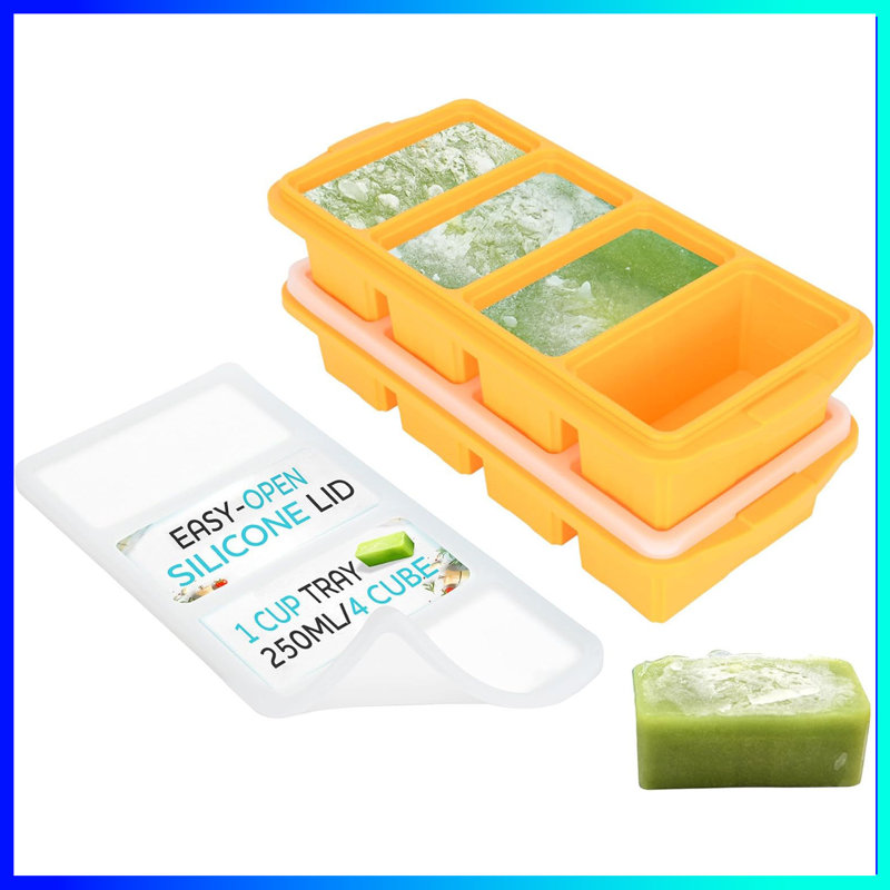 Paquet de 2 plateaux de congélation en silicone avec couvercles - 1 tasse de cubes pour la soupe, la préparation des repas et le rangement | Grand moule à glaçons (8 cavités par plateau) | Va au four, au lave-vaisselle et au congélateur
