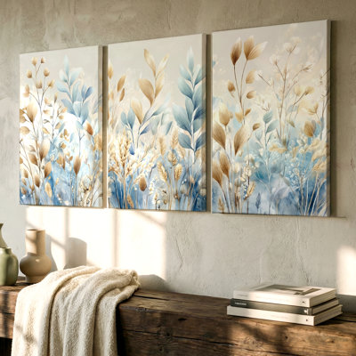 Élégant art mural botanique avec 3 feuilles bleues et dorées, 3 pièces pour décor de salon, de chambre à coucher et de bureau, prêt à être accroché
