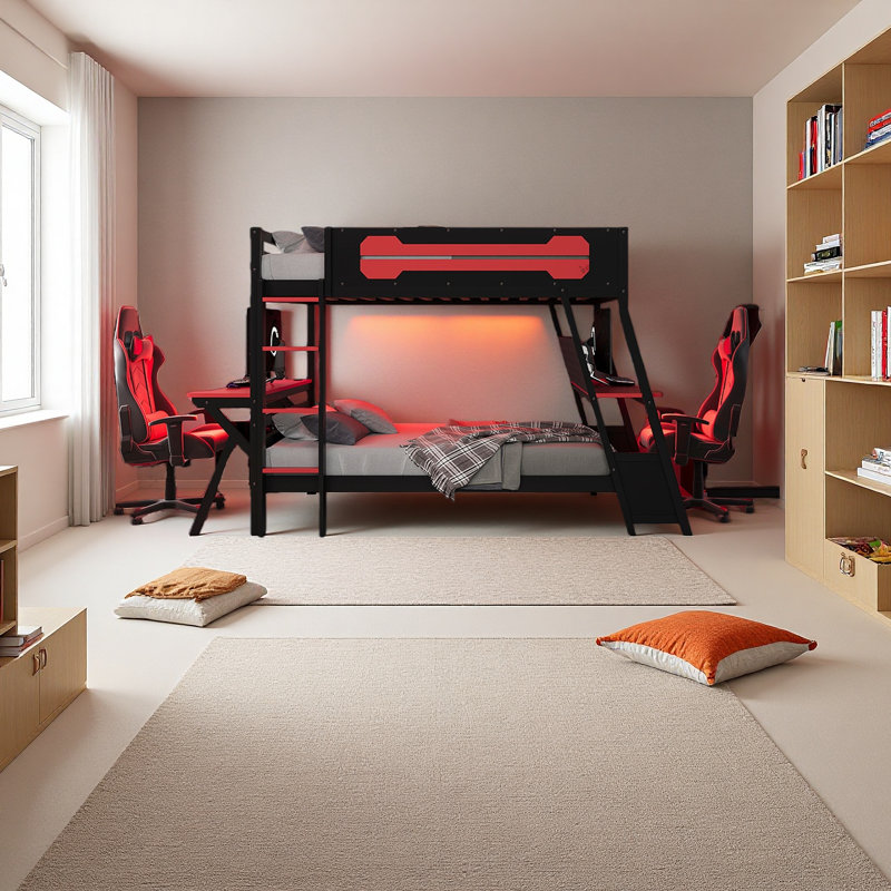 Lit superposé avec deux bureaux de jeu intégrés, ports de bureau USB et organisateur de panneau perforé, cadre de jeu pour joueur