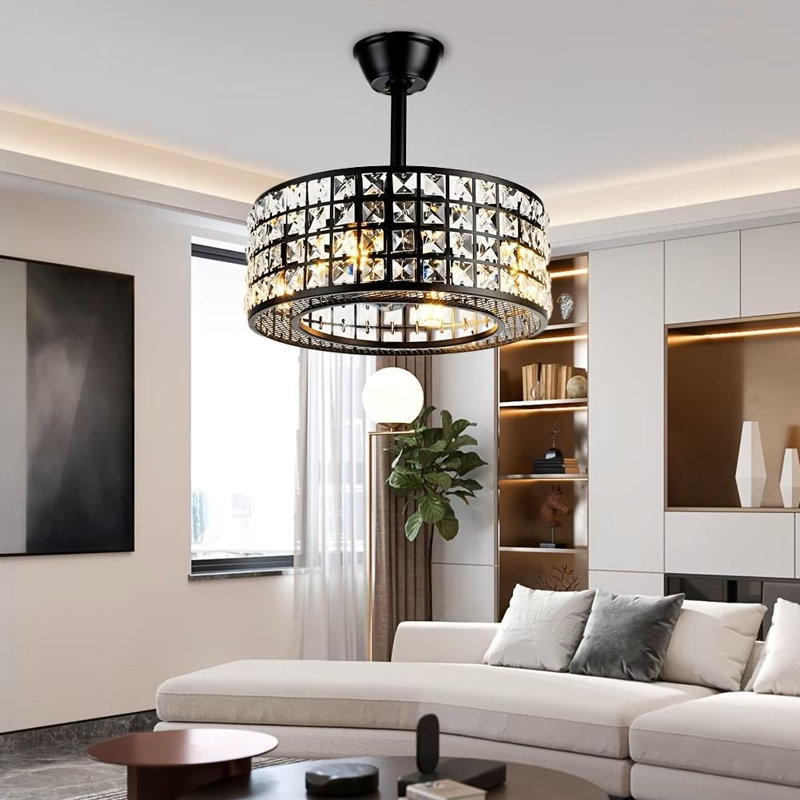 Ventilateur de plafond en cristal avec lumière et télécommande, ventilateur de cage noir à 3 vitesses avec ventilateur sans pales à intensité variable pour salle à manger