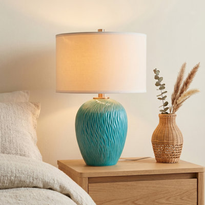 22" Teal Ceramic Table Lamp, Organic Modern Water-Wave Nightstand Light with Linen Shade