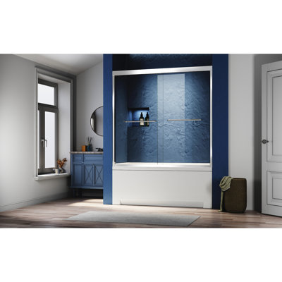 Porte de baignoire semi - double coulissante en verre 56 60 po X P 62 po, verre trempé transparent de 1/4 po (6 mm) d'épaisseur, poignées en acier inoxydable 304, rail supérieur épaissi amélioré pour la durabilité et la rouille, teinture, fabrication lisse