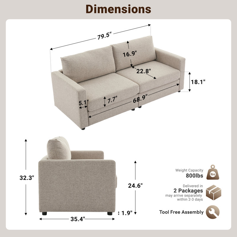 Wauseon 79.6"  Upholstered Sofa Chenille Modern Couch, Khaki
