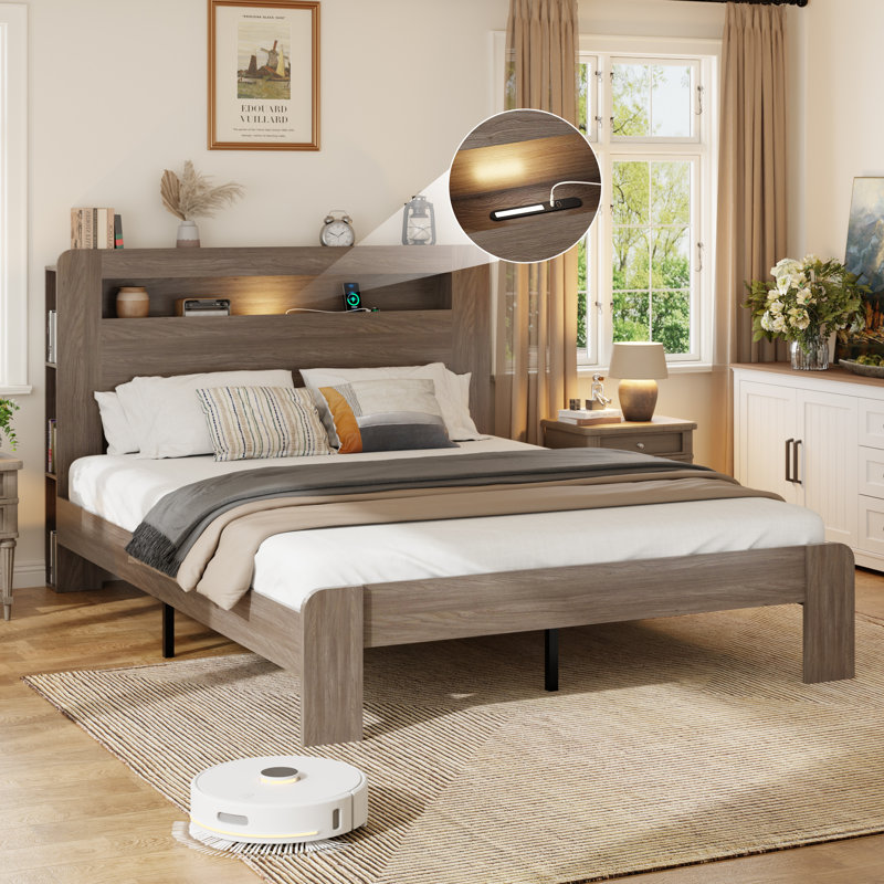 Wooden Bed Frame With Storage Headboard, Black, Full