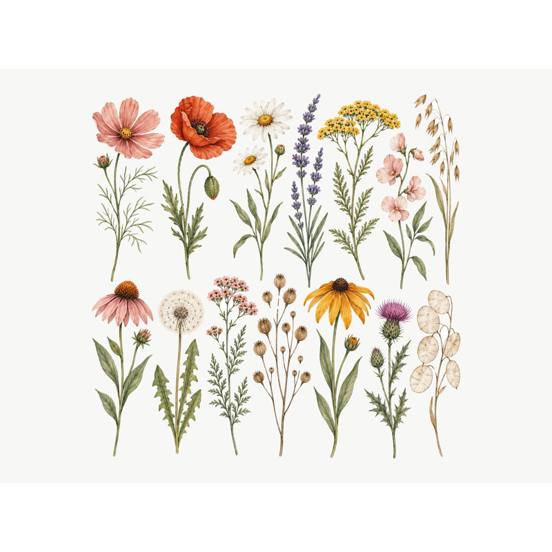 Boho Wildflower Wall Decals, Set of 14 Peel and Stick Nursery Wall Stickers, Satin Finish Removable Kids Room Wall Art, 20"W x 20"H (50 x 50 cm)