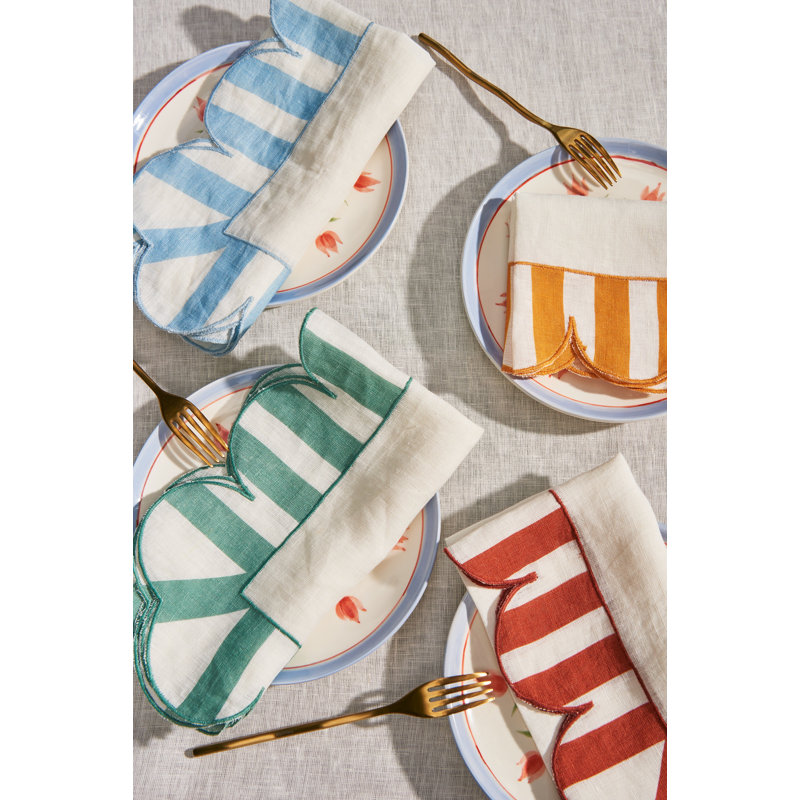 Jardin Embroidered Linen Scalloped Stripe Napkins, Amber/White