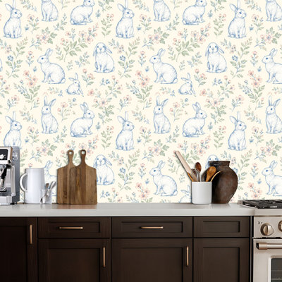 Peel and Stick Wallpaper Blue Hand Drawn Rabbit Floral Contact Paper Removable Self Adhesive Wall Mural Wall Decor for Bedroom Kitchen Cabinets 24in x 118in