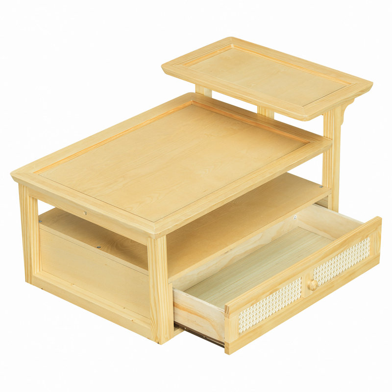Coffee Table, Coffee Table With 1 Storage Shelf, 2 Tabletops And 1 Rattan Drawer For Living Room, Natural