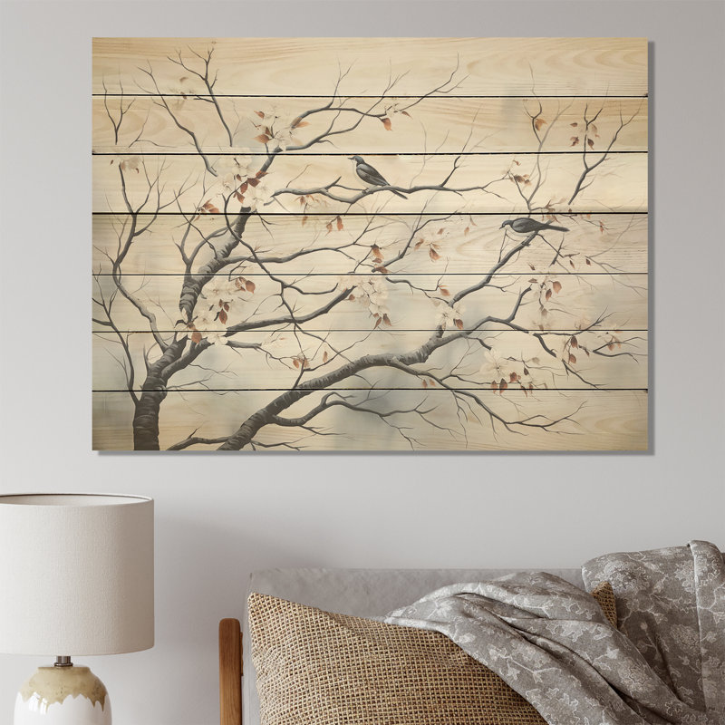 Motif floral gris Sprintime Birds I - Arbre sur bois, H 10 po x l 20 po x P 0,78 po