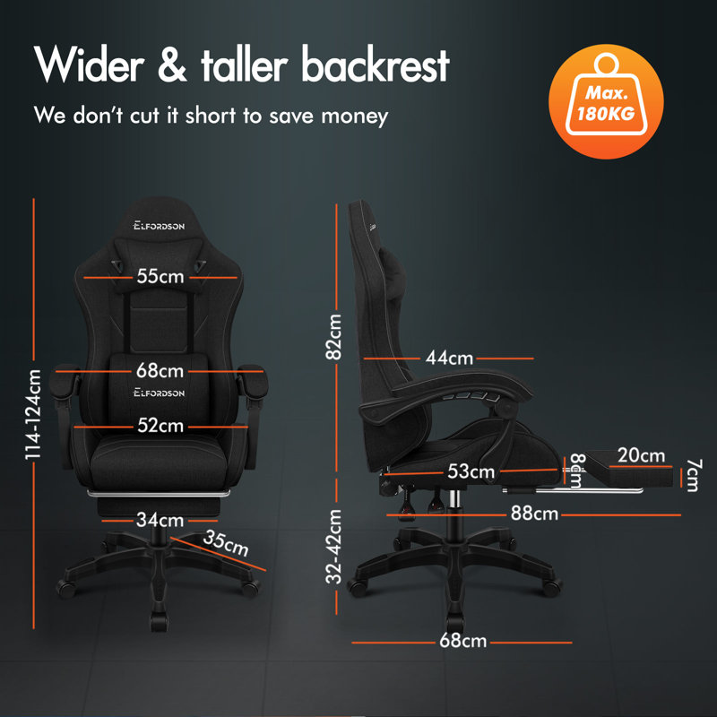 Brayden Studio Fabric Gaming Chair with Headrest, Black