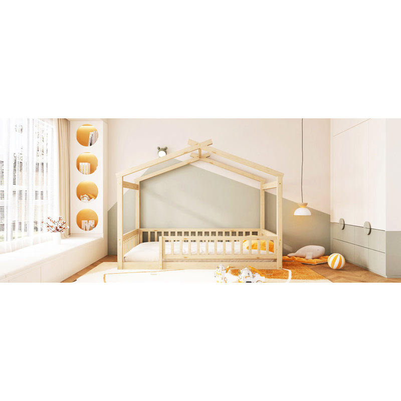 Full Size Wood Bed Frame Featuring Fence And Roof, Offer A Safe Fun Sleeping Playing Spot, 4 Colors, 7 Slats, Pine With Ideal For ' Play Rest, Semi - Enclosed Design, Color Selections, Slats