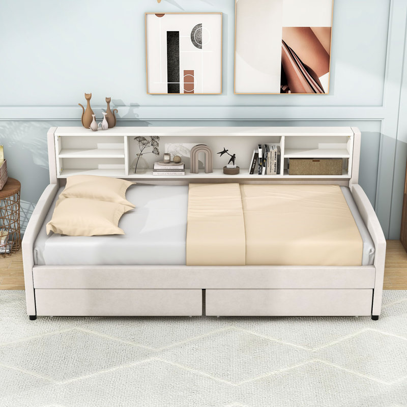 Twin Two Drawers Wood Upholstered Daybed with Storage Shelves, Beige