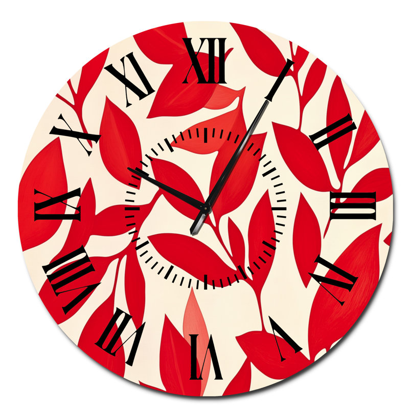 Collage botanique à feuilles rouges - horloge murale silencieuse en métal, Surdimensionné
