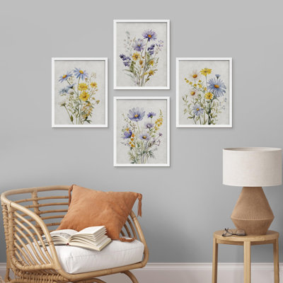 Fleurs mauves et jaunes - ensemble de 4 reproductions de cadres photo simples