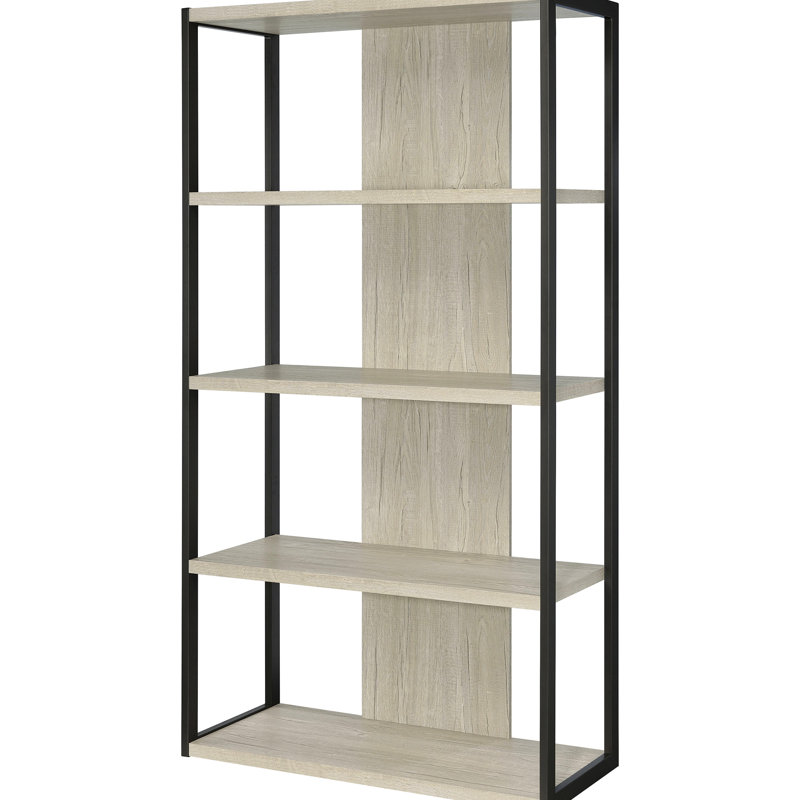 La bibliothèque de rangement à 4 tablettes blanches et délavées grises et blanches, le cadre ouvert haut ajoute un charme rustique à la bibliothèque de décoration intérieure moderne