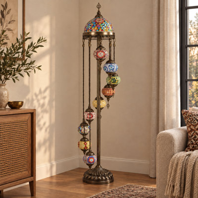 70" Turkish Moroccan Floor Lamp with Upgraded 11 Globe Mosaic Design, Traditional Turkish Art, Color Mix, 11 PCS E12 Bulbs Included for Home Decor Lounge Ambiance