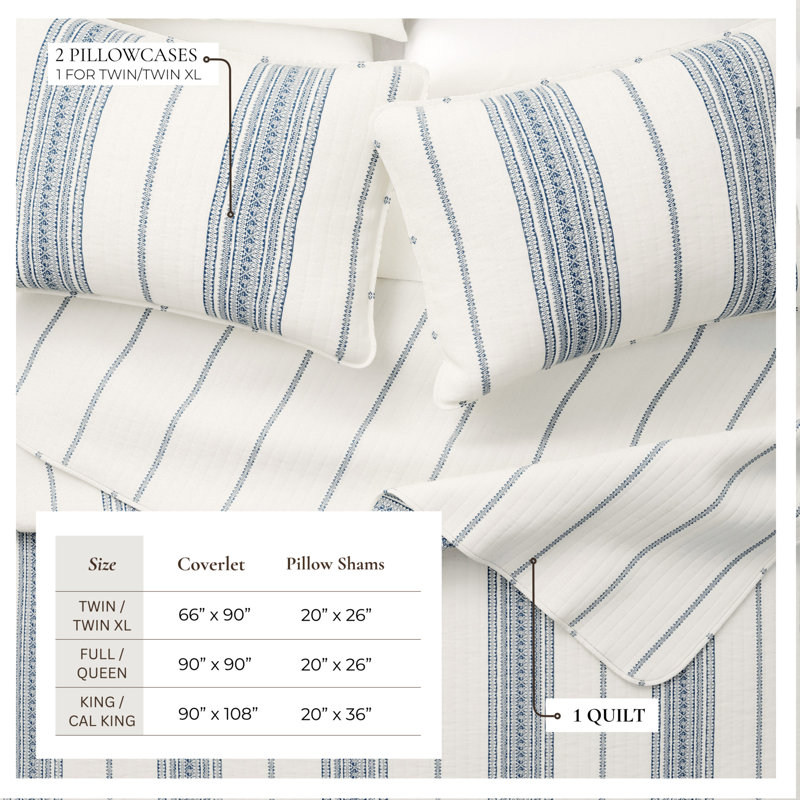 Striped Farmhouse Reversible Quilt Set with Shams, Cream / Navy, King Quilt + 2 King Shams