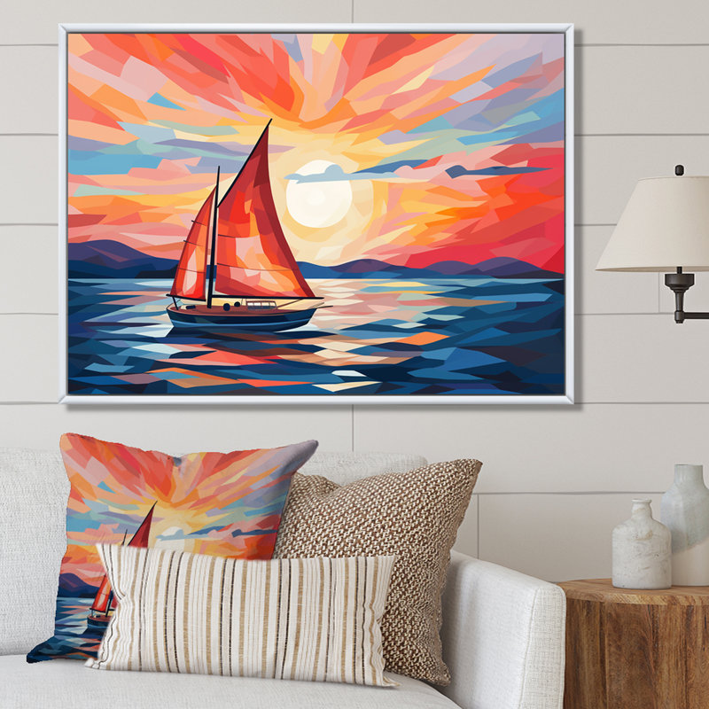 Coucher de soleil sur un bateau à voile II - bateau à voile, art mural, Cadre flottant brun, H 34 po x l 44 po x P 1,5 po