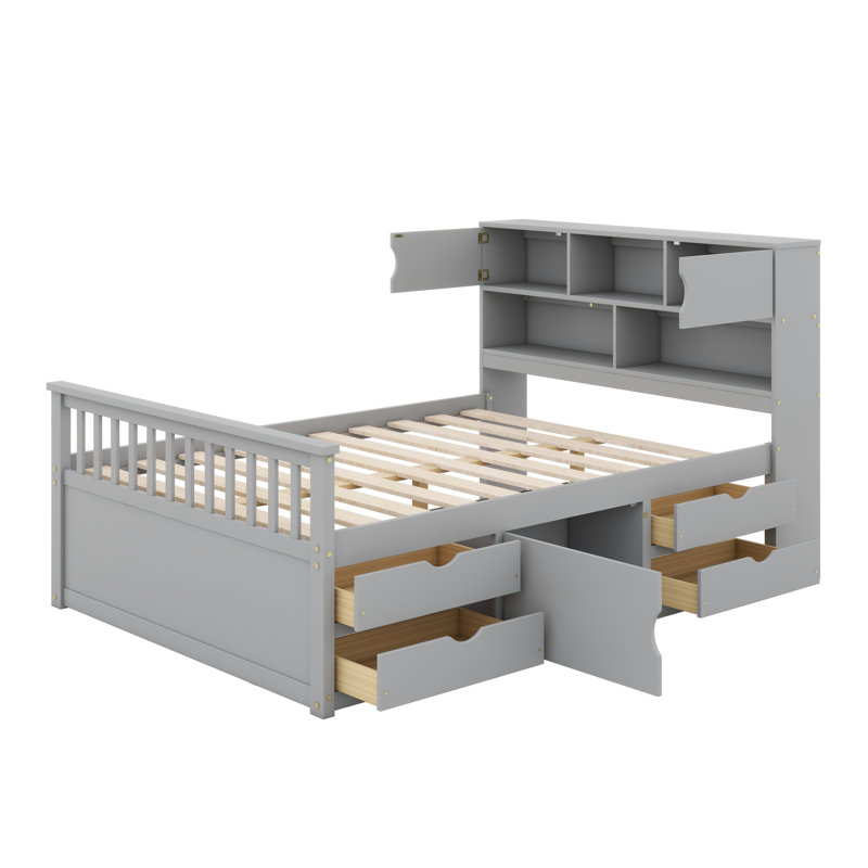 Structure de lit plateforme avec bibliothèques et tablettes de rangement, quatre tiroirs, Gris