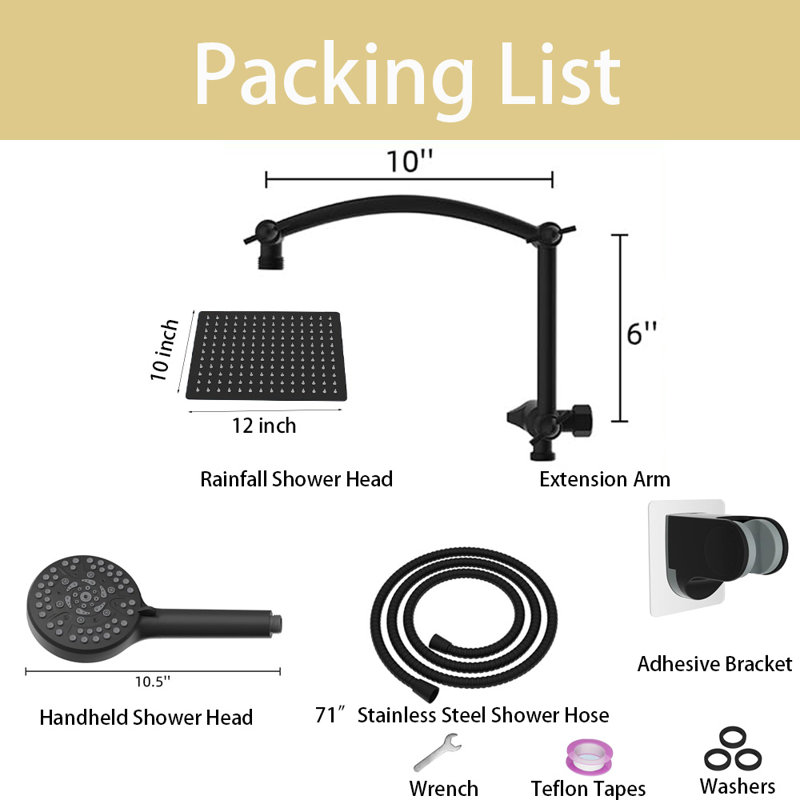 12'' Rain Shower Head, Handheld Showerhead With 16'' Adjustable Arc-Shaped Extension Arm, 10 Sprays, 71'' Hose, Matte Black