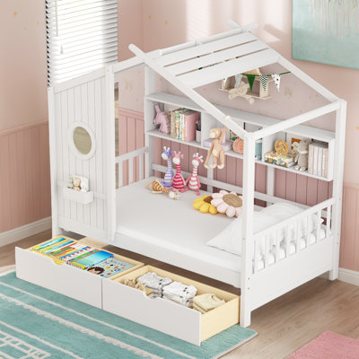 Lit de 78 po en bois avec 2 tiroirs, lit pour enfant avec tablette de rangement, blanc