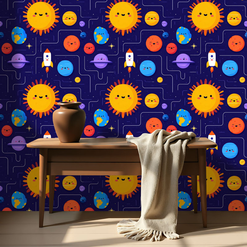 Papier peint auto-adhésif pour enfants, planches, fusée, planètes, étoiles, fusée pour enfants, auto-adhésif et amovible 17,7 po x 118 po (45 x 300 cm)